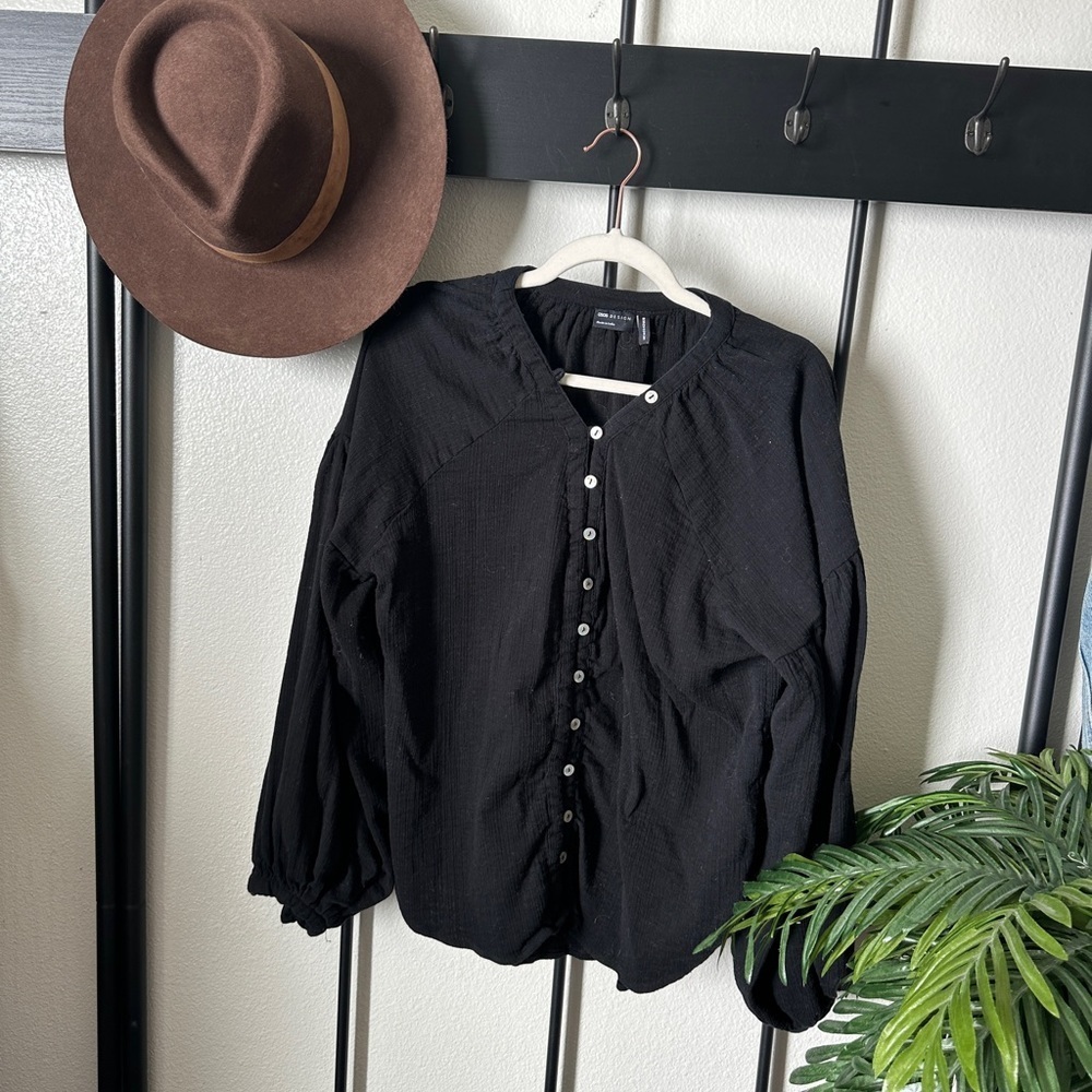 ASOS black gauzey oversized button poet sleeve blouse top cottage core shirt top